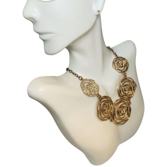 Gold Tone Swirl Rose Statement Pendant Chain Necklace And Bracelet Set 23” - Picture 6 of 12